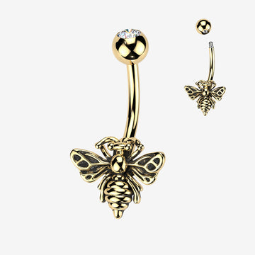 Golden Antique Queen Bee Belly Button Ring-Clear Gem
